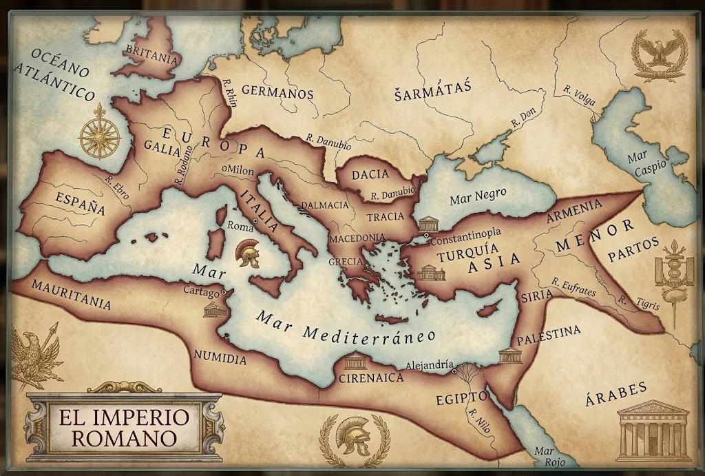 Mapa ilustrado del Imperio romano en el año 117
