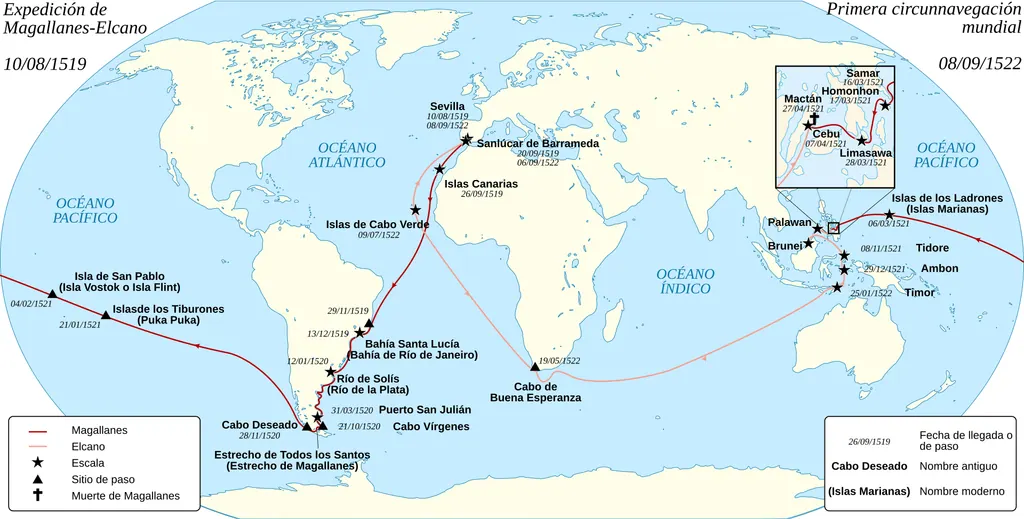 Mapa de la ruta de la primera circunnavegación de Magallanes y Elcano